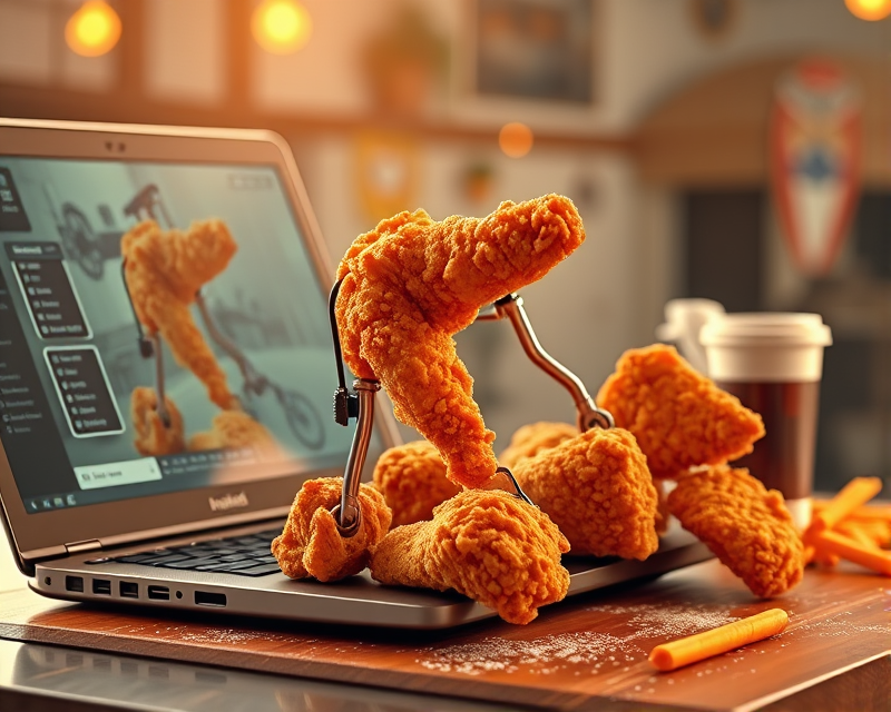 fried chicken, unicycle, laptop